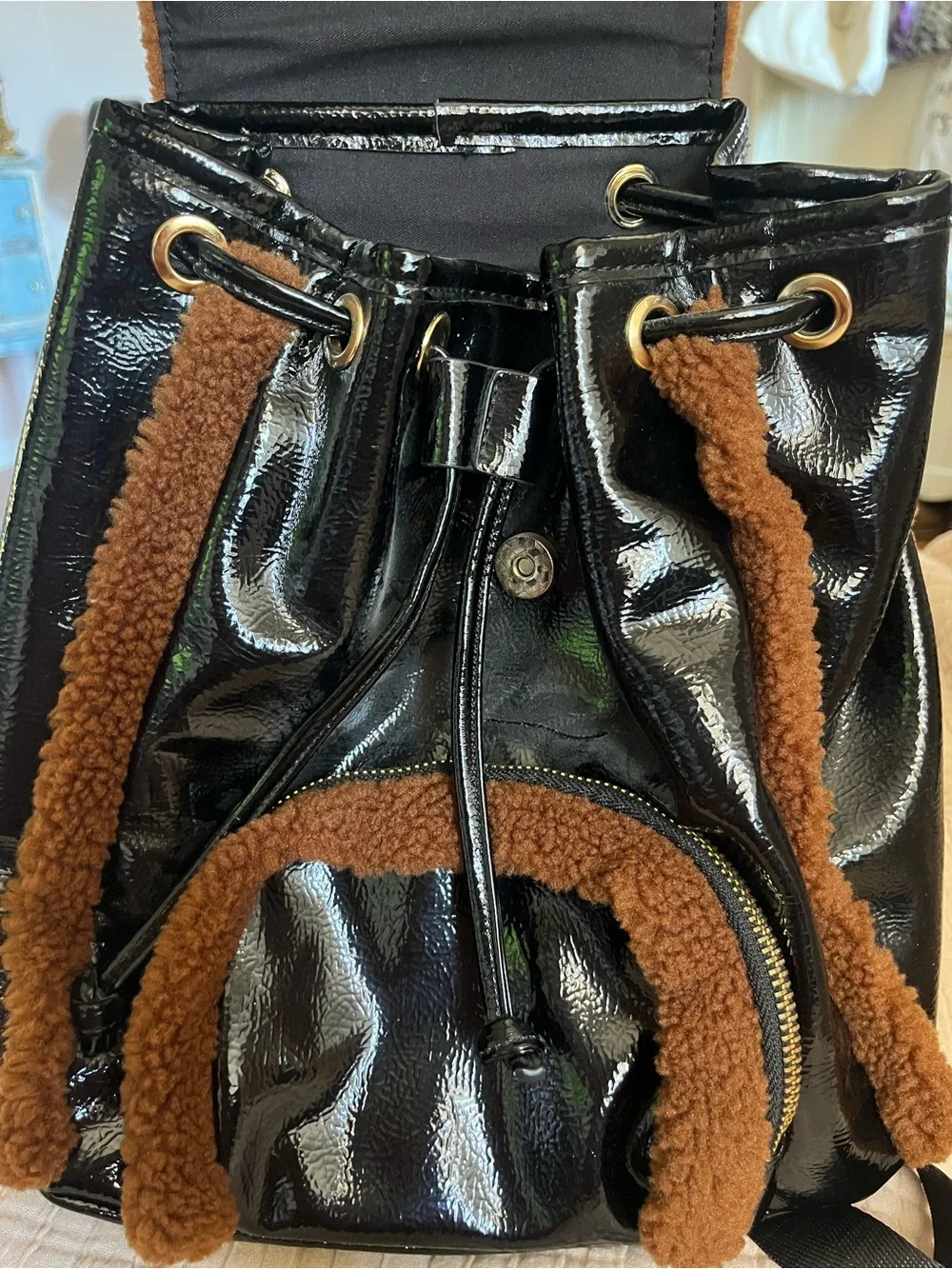 Black Patent Backpack with Brown Shearling Trim